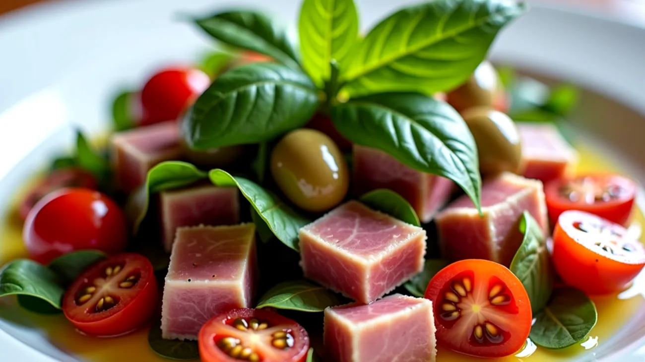 Tonno fresco pomodorini ciliegia olive taggiasche"